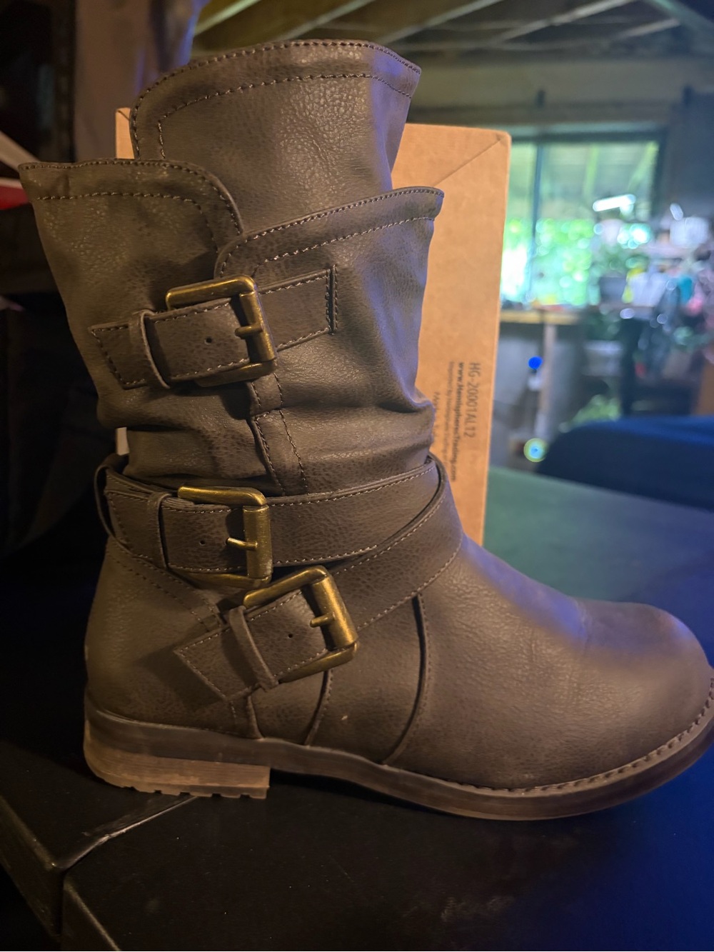 Mid-Calf Buckle Combat Boots - brown  (wide calf )